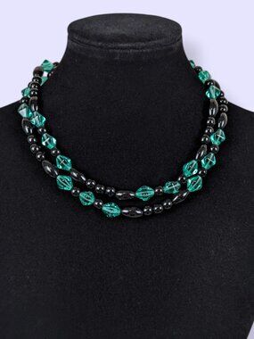 Vintage Black & Green Long Beaded Necklace
